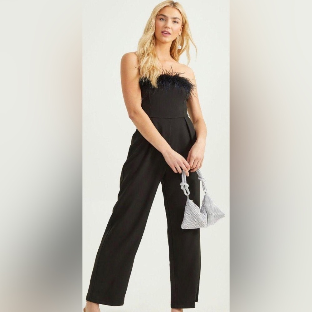 altar’d state black feather jumpsuit | size: xs